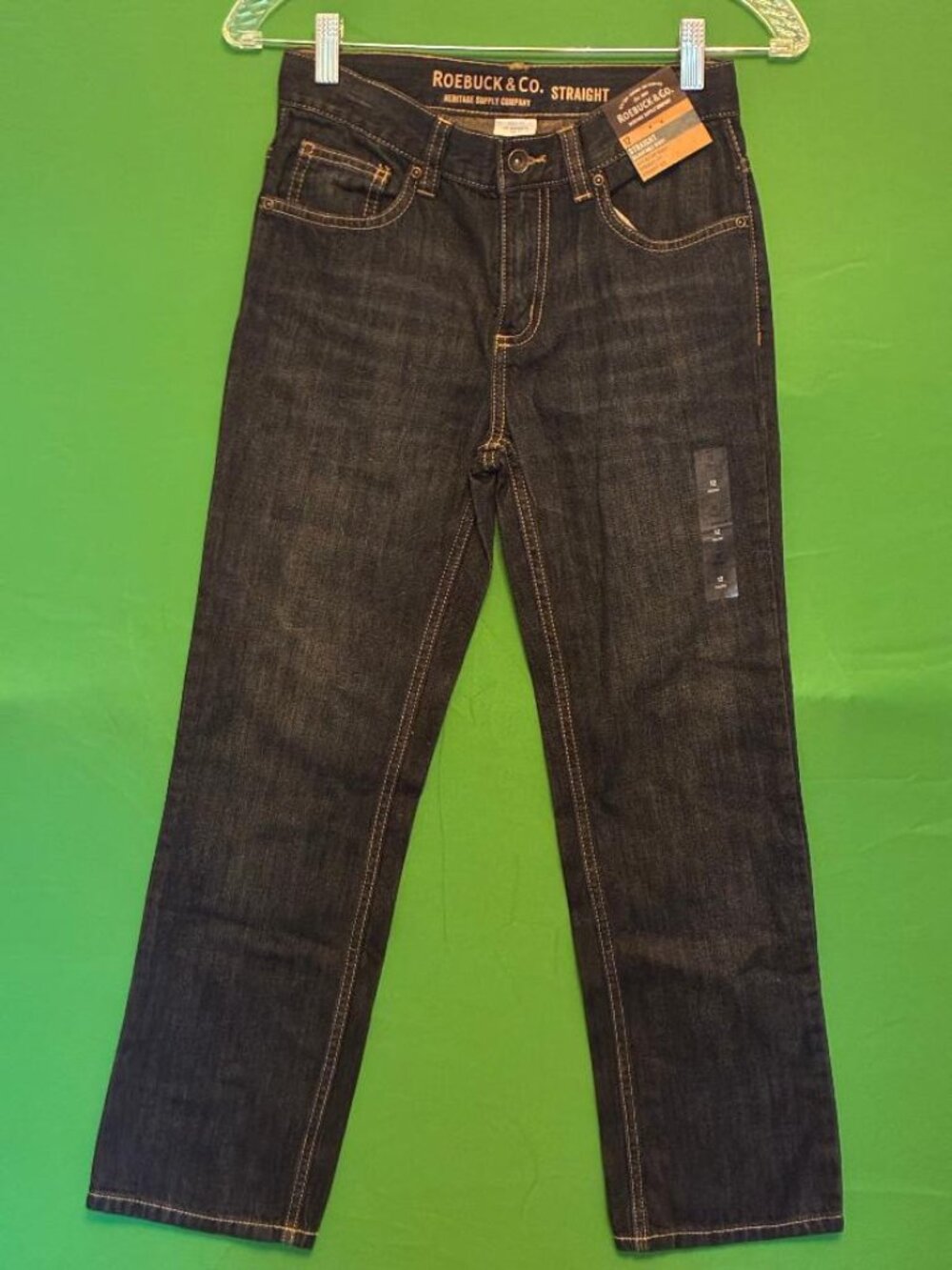 NWT Roebuck & Co. Boys Sz 12 Dark Wash Adjustable Waist Blue Jeans Straight Fit